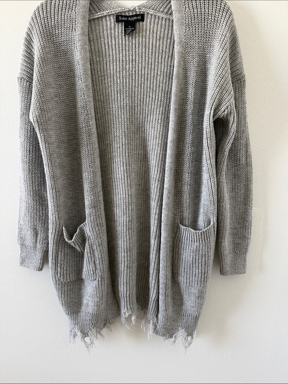 Soho Apparel Light Gray Open-Front Knit Cardigan with Frayed Hem xs
